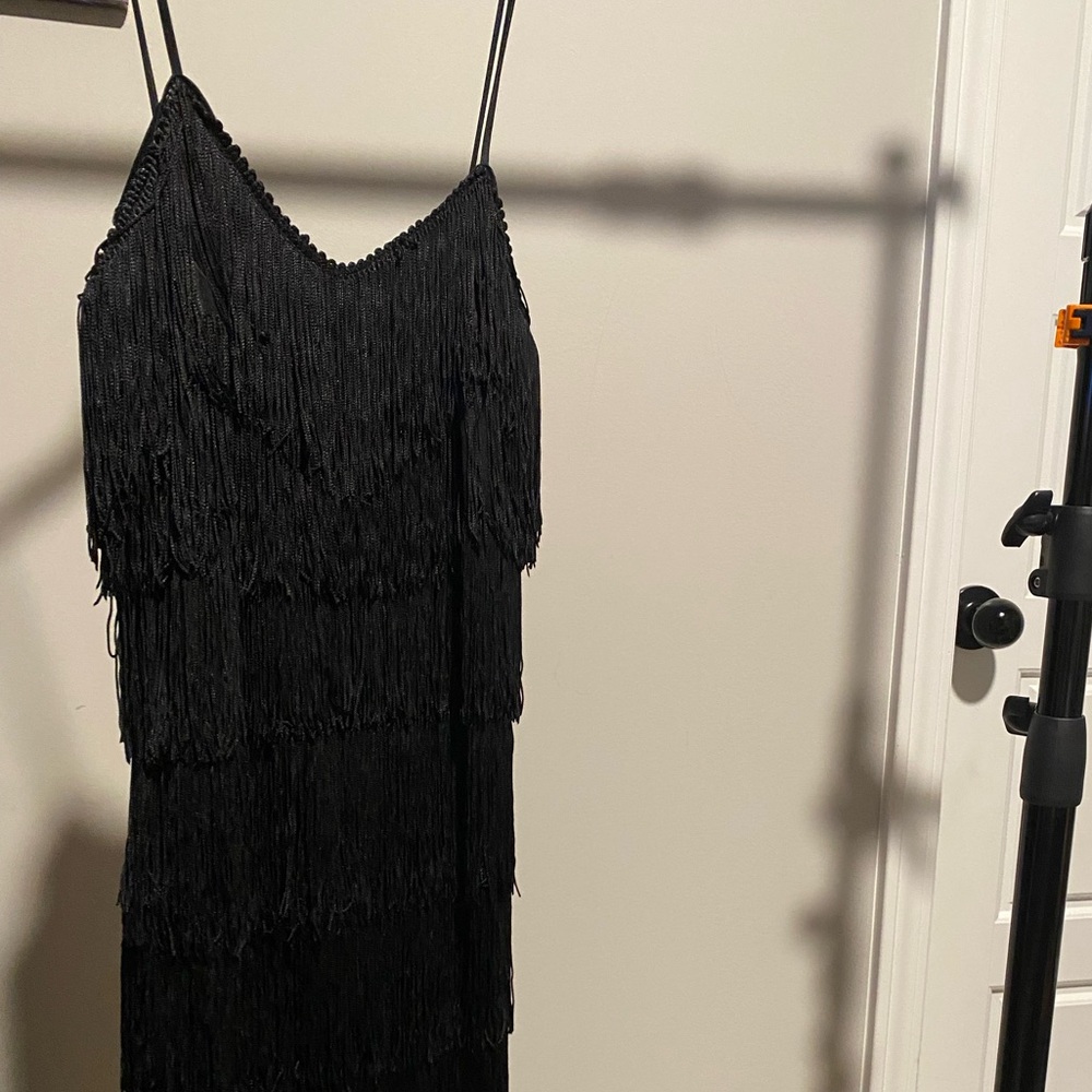 Mayvens of Cali Chic Black Fringe Midi Dress